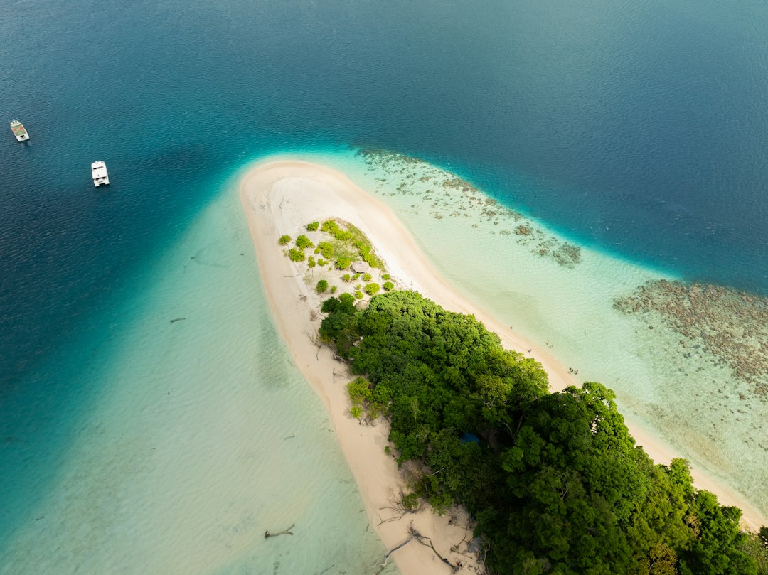 Sandy tropical island and clear blue ocean. Photo by Nabil Naidu on Unsplash.